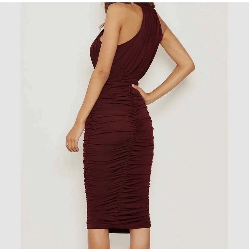 Armani Exchange Plum Burgundy Ruched Halter Midi Dress NWT Size 14 - Picture 4 of 13